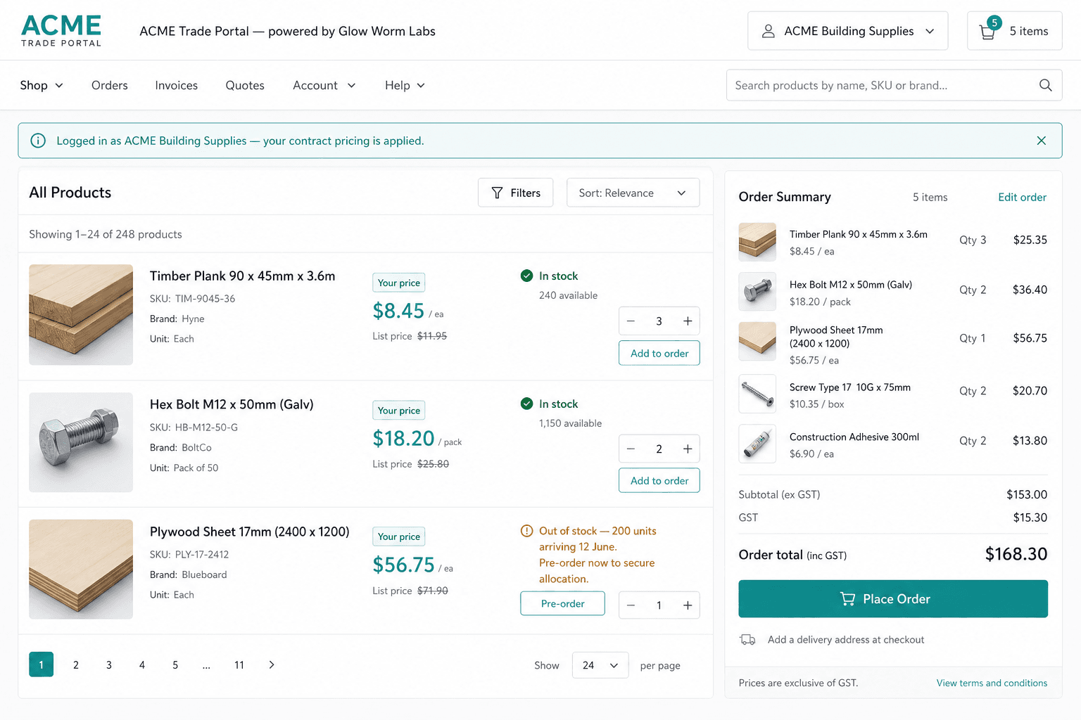 White-labelled B2B trade ordering portal showing contract pricing, an in-stock item and a pre-order lead-time message