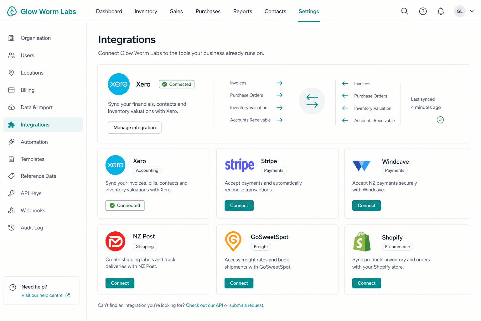 Integrations page with a two-way Xero sync and connected payment, shipping and e-commerce apps